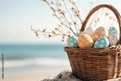 Colorful Easter eggs in a woven basket on the beach during a sunny day with ocean waves in the background
