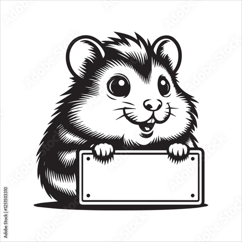 Cute Hamster Holding Empty Sign, Perfect for Pet-Themed Designs. A cheerful cartoon hamster is depicted holding a blank sign, ideal for adding your own message or design.