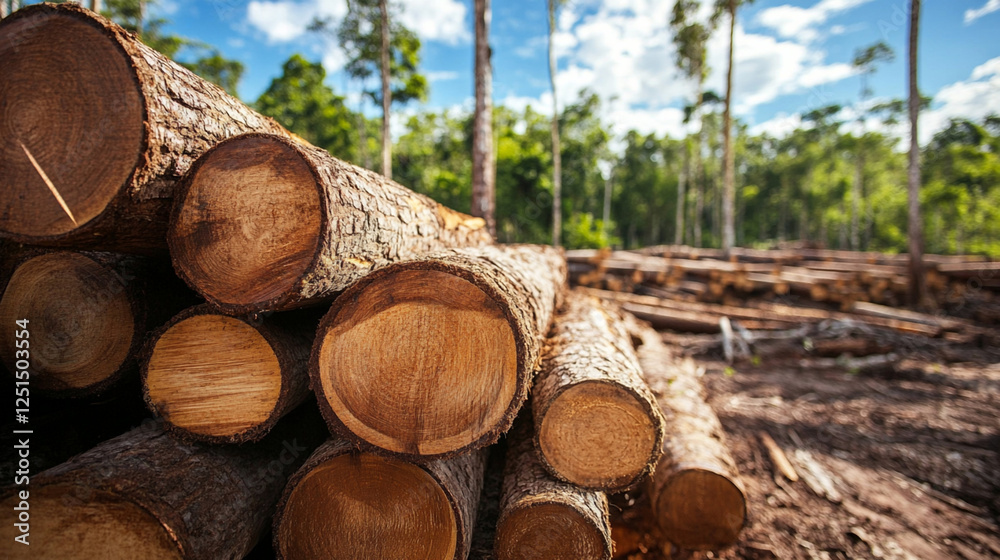 Fresh cut timber logs stacked in forest clearing. Raw wood logs harvested from sustainable forest. Natural resource management: timber harvest Fresh cut timber logs stacked in forest clearing. Raw wood logs harvested from sustainable forest. Natural resource management: timber harvest