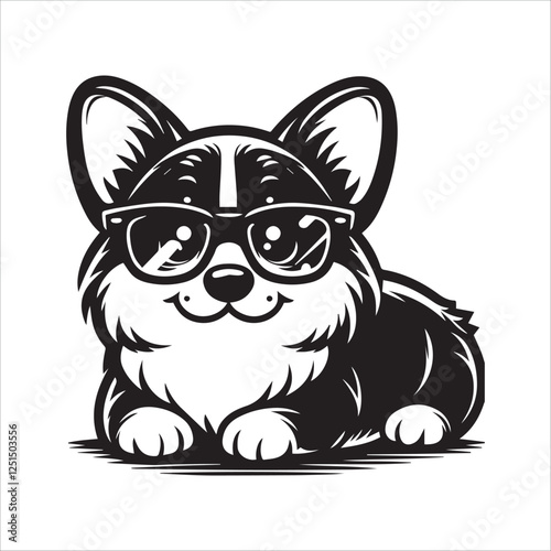 Cute corgi wearing glasses, a trendy black and white illustration. This black and white graphic illustration showcases a stylized corgi puppy wearing glasses.