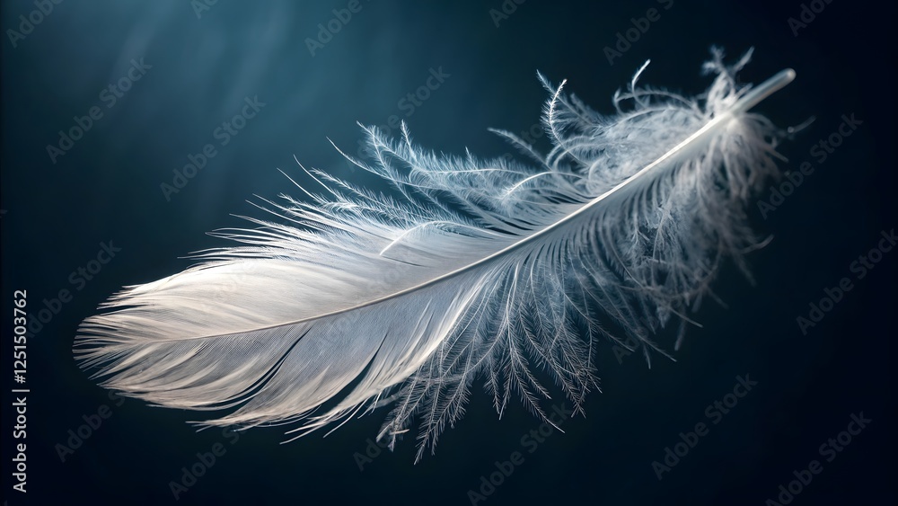 Obraz premium A close-up, macro photograph of a single, delicate white feather floating against a dark background