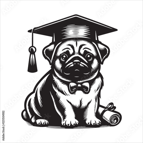 Adorable Pug Puppy Wearing Graduation Cap and Diploma. A charming black and white illustration of a pug puppy wearing a graduation cap and holding a diploma scroll.