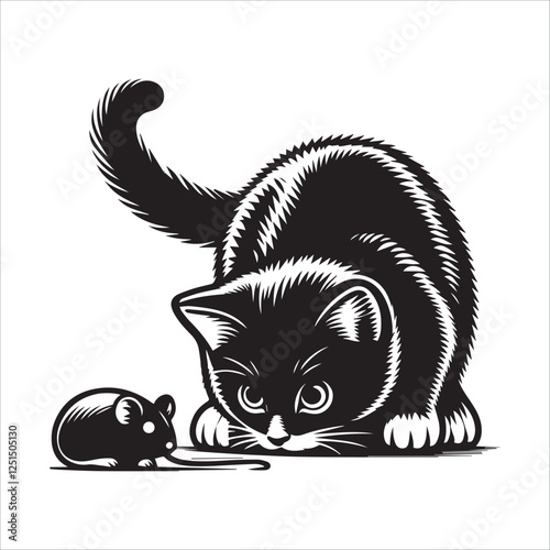 Black and white cat stalking a mouse. A captivating black and white illustration of a cat poised to pounce on a mouse.