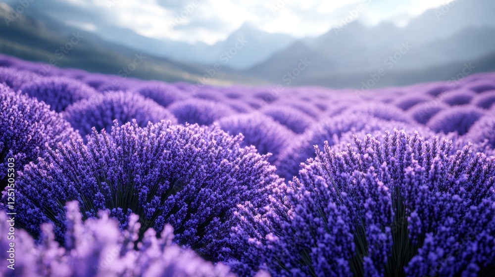 Obraz premium Lavender field, mountain backdrop, sunrise, serene beauty