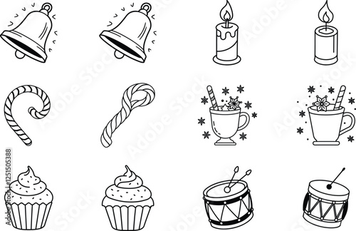 Christmas Icons Bells, Candles, Candy, Drinks, Cupcakes, Drums