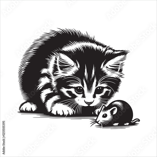 Black and white cat stalking a mouse. A captivating black and white illustration of a cat poised to pounce on a mouse.