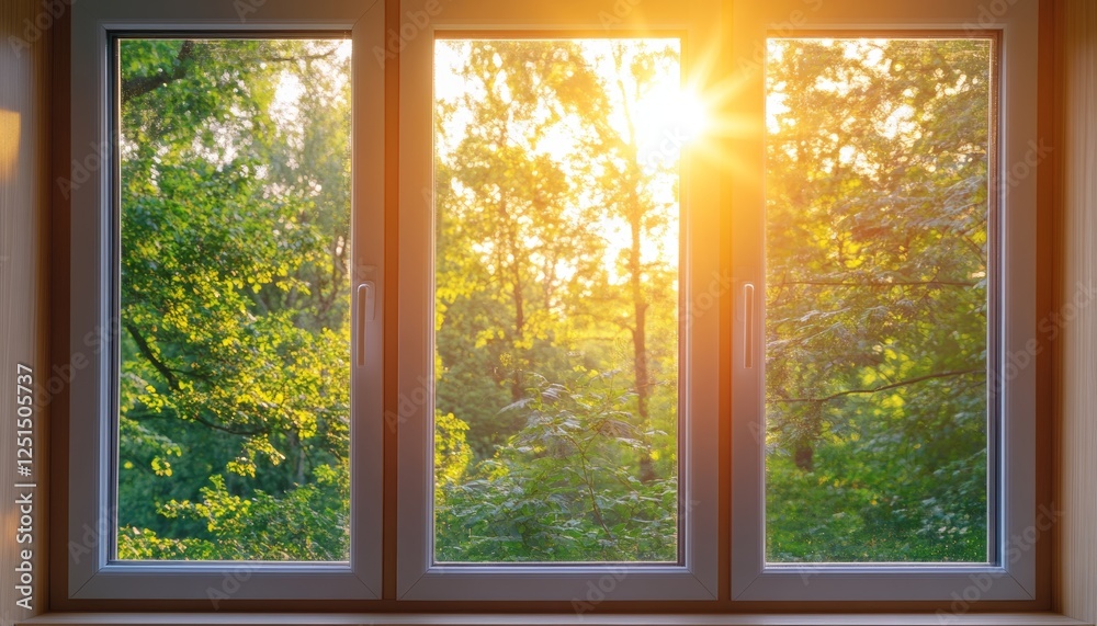 Fototapeta premium Warm Sunlight Streaming Through a Clean Window, Illuminating Lush Green Trees on a Bright Summer Day