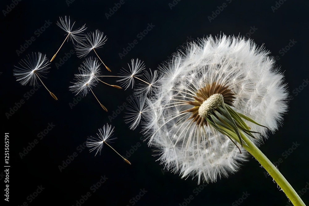 Fototapeta premium A close-up, macro photograph of a dandelion with seeds blowing away in the wind. The dandelion is in full bloom, with a large, fluffy white seed head