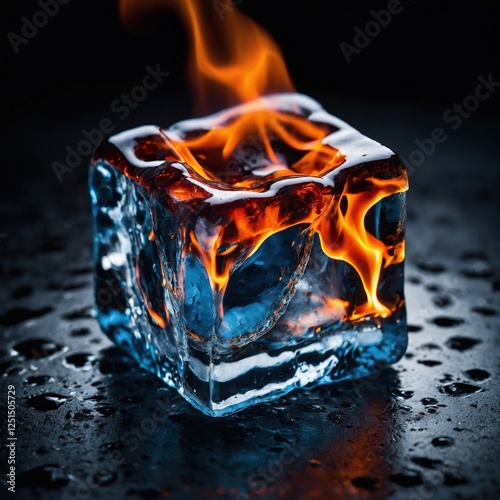 Burning ice cubes with dramatic flames