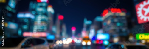City lights illuminate a bustling street at night with blurred neon signs and moving traffic