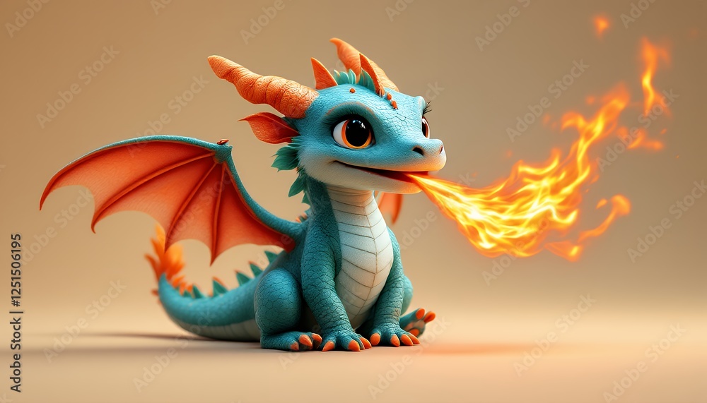 Naklejka premium Cute Cartoon Dragon Breathing Fire Digital Art for Children's Illustration