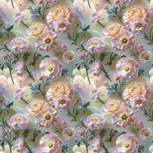 Seamless floral pattern featuring delicate carnations on a soft pastel background