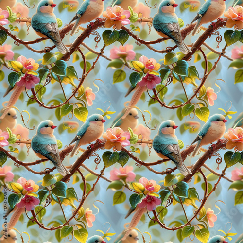 Whimsical lovebirds perched on vines and flowers radiating affection against a dreamy soft-focus background