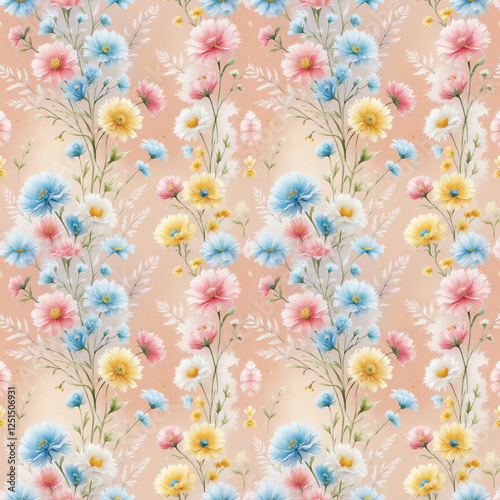 Lush seamless floral pattern featuring hand-drawn wildflowers in soft hues on a pale peach background