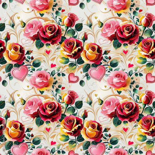 Delicate floral pattern with intertwining roses and hearts radiating elegance on a creamy white background