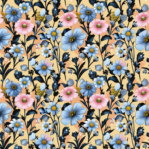 Vibrant pop art floral pattern featuring delicate flowers and tiny bells on a creamy pastel background