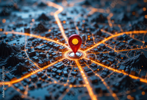 Mapa de la ciudad en miniatura muy detallado con carreteras brillantes y un pin de ubicación que marca un punto central
 photo