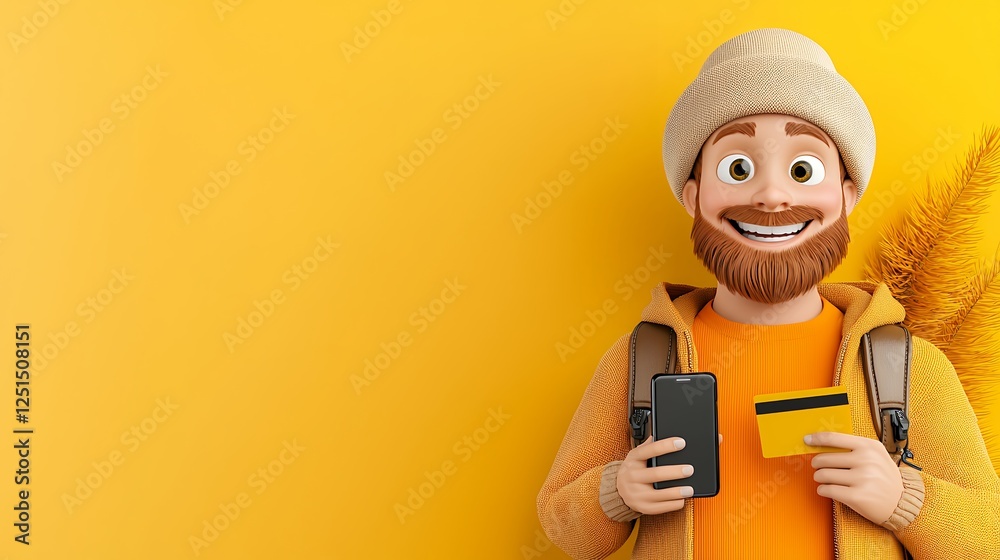 Smiling Cartoon Man Holding Phone and Credit Card Smiling Cartoon Man Holding Phone and Credit Card