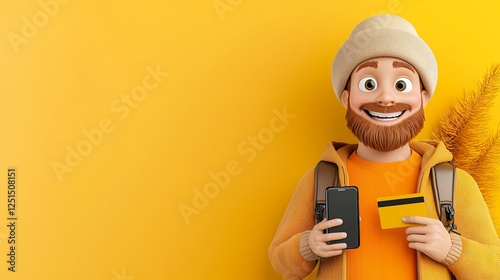 Smiling Cartoon Man Holding Phone and Credit Card