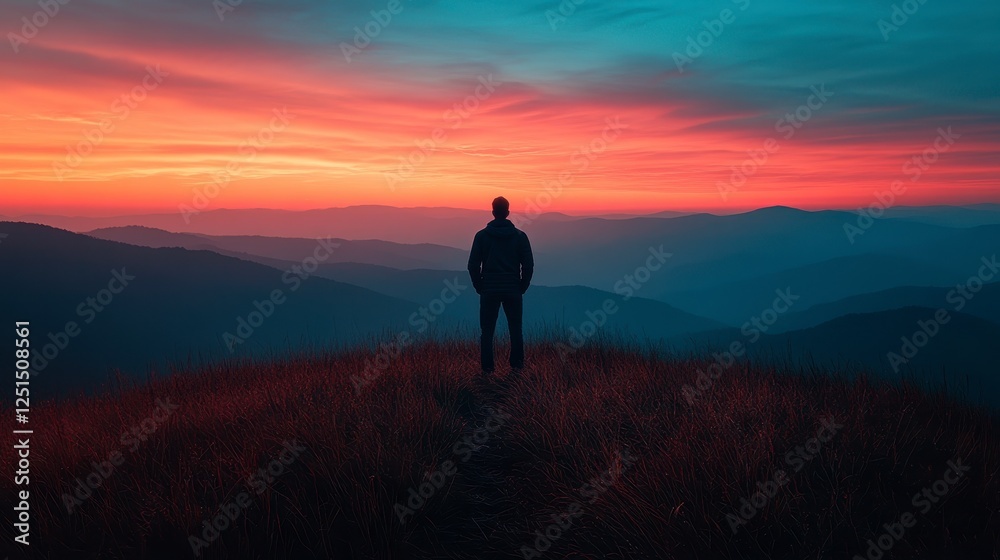 Man Contemplating Sunrise Over Mountains, Inspiring Scenery, Perfect for Motivational Posters, Inspirational Man Contemplating Sunrise Over Mountains, Inspiring Scenery, Perfect for Motivational Posters, Inspirational