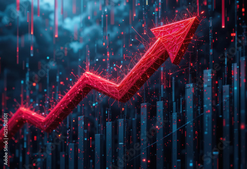 Flecha roja que cae abruptamente, rodeada de caóticas barras de datos que caen y chispas eléctricas. que simbolizan la caída de la economía
 photo