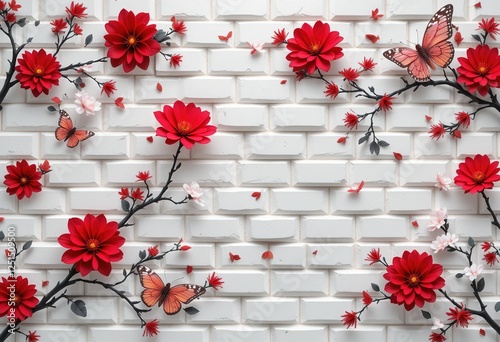 Beautiful red roses and butterflies on black branches against a white brick wall. A stunning decorative floral composition, ideal for modern and artistic interiors.