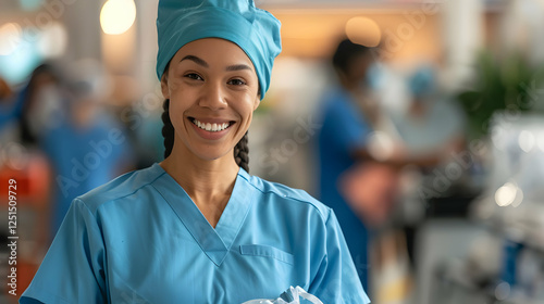 Healthcare professional smiling with medical supplies hospital environment portrait bright atmosphere caring concept