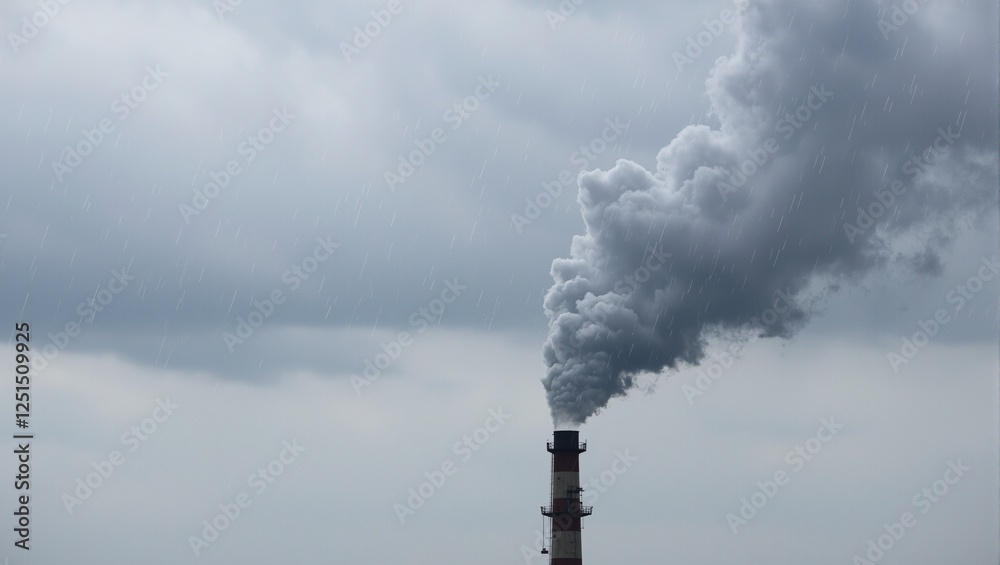 Rainy day urban landscape featuring a smoke tower with rain streaks melding into rising white smoke under cloudy skies Rainy day urban landscape featuring a smoke tower with rain streaks melding into rising white smoke under cloudy skies