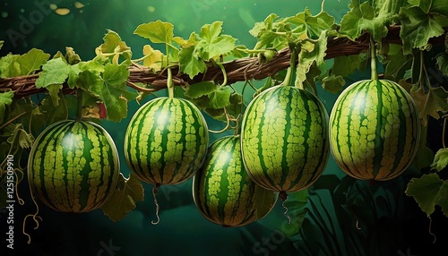 Watermelons hang on a vine with green leaves. growing vegetables, food; summer harvest  photo