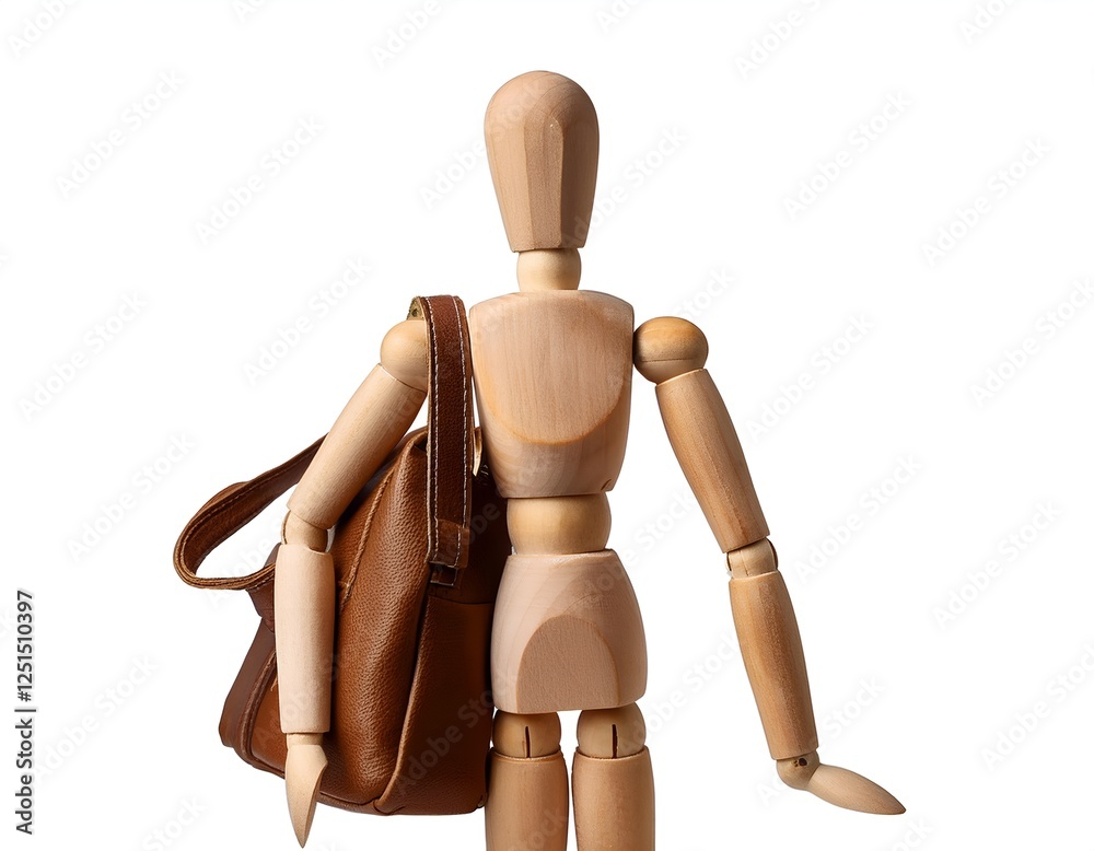 Wooden mannequin with a brown strap over its shoulder, standing upright against a clean white background. Versatile for fashion or art projects. Isolated on white background. Wooden mannequin with a brown strap over its shoulder, standing upright against a clean white background. Versatile for fashion or art projects. Isolated on white background.
