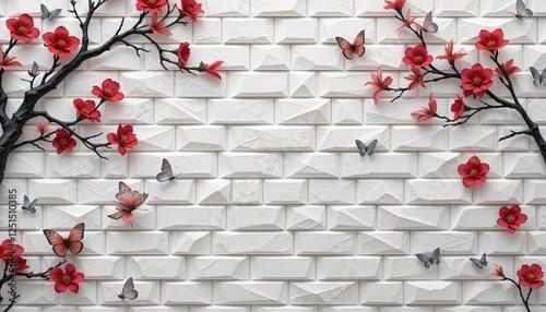Elegant 3D floral wall art featuring red roses and delicate butterflies on a white brick background. A perfect blend of nature and design, adding charm and sophistication.