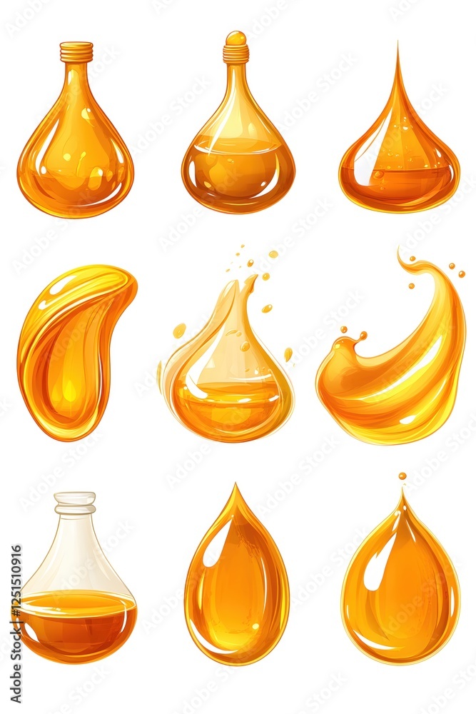 Collection of Glossy Golden Liquid Drops and Bottles in Various Shapes on White Background