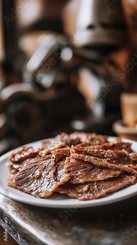 Closeup of a plate of thinly sliced dark brown smoked beef jerky The jerky appears moist and flavorful A blurry background suggests a rustic kitchen setting photo