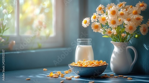 Breakfast scene with milk, cereal, and daisies by window photo