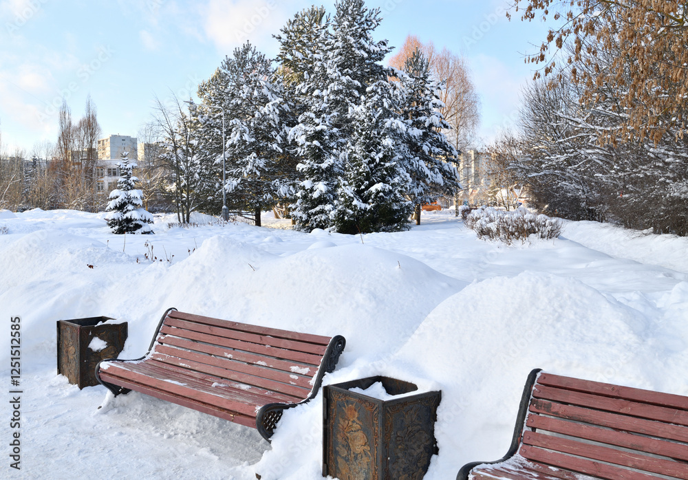 Snowy boulevard in Zelenograd in Moscow, Russia Snowy boulevard in Zelenograd in Moscow, Russia