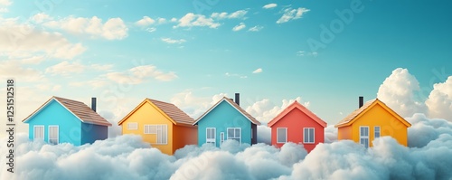 A colorful array of houses floating above soft clouds, representing the future of property management with cloud technology, clean and minimalist feel photo