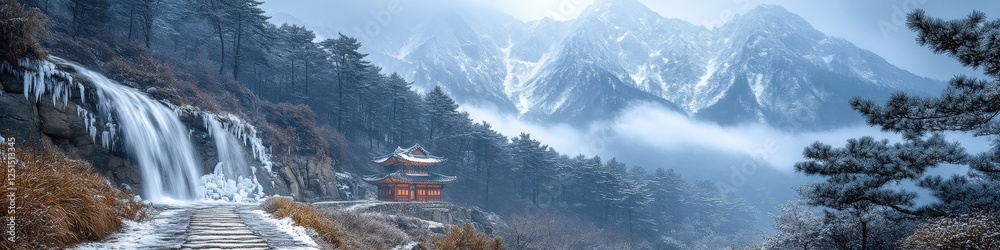 Obraz premium Majestic Snow-Capped Mountains Waterfall Scene with Misty Forest in Winter Landscape, Capturing Tranquil Beauty of Nature and Serenity in Remote Wilderness
