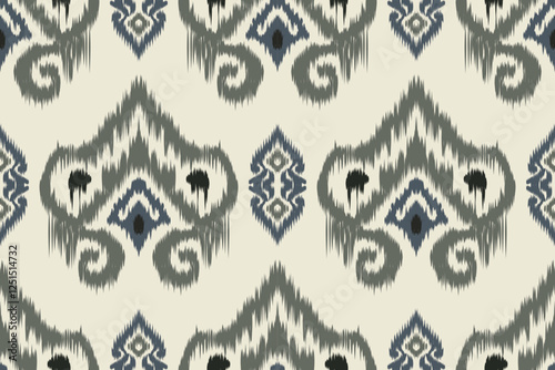 Seamless ethnic ikat pattern featuring tribal and folk embroidery combined with Mexican Aztec geometrics. Perfect for graphic art, rug design, wallpaper, wrapping and clothing.