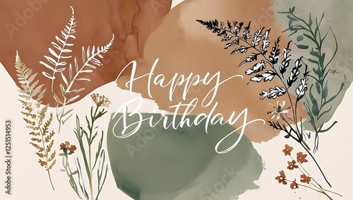 Minimalist Happy Birthday Background with Boho Botanical Design