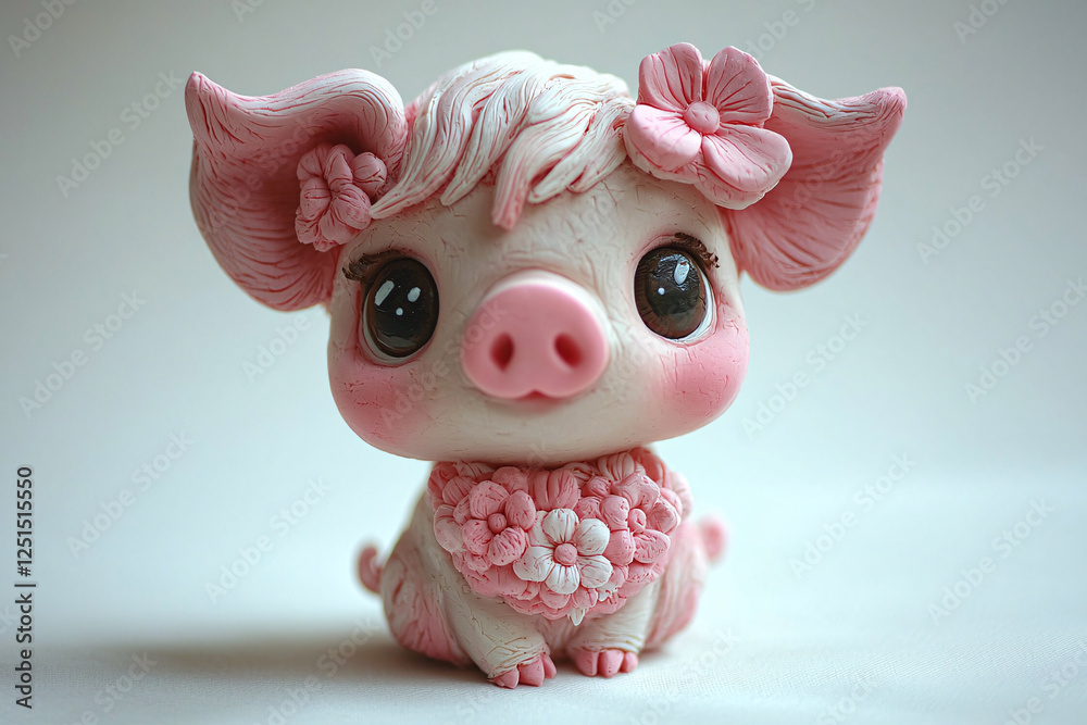 Pink piglet figurine with flower accents, sitting against a soft, neutral backdrop, showcasing charming, detailed artistry. Pink piglet figurine with flower accents, sitting against a soft, neutral backdrop, showcasing charming, detailed artistry.