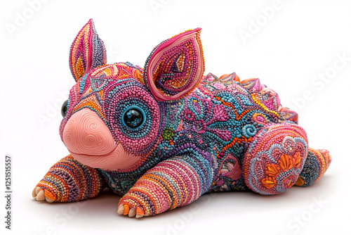 Colorful, whimsical creature sculpture with intricate beaded details and a smooth, pink snout, resting on a white surface.