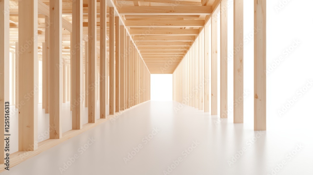 Rustic charm, a long wooden hallway with exposed beams creates cozy and inviting atmosphere Rustic charm, a long wooden hallway with exposed beams creates cozy and inviting atmosphere