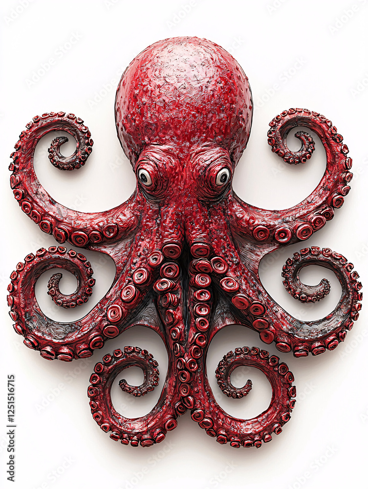 Obraz premium A textured, deep red octopus with swirling tentacles and wide eyes, set against a stark white background.