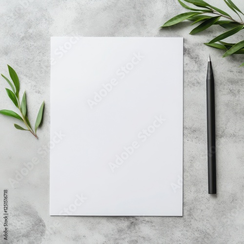 Blank Paper Mockup on Clean Surface with Pencil and Green Leaves photo