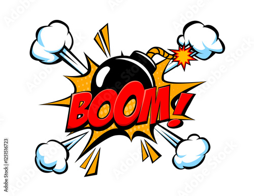 Comic Style Bomb Explosion with "Boom" Text and Smoke Clouds