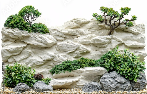 Artificial rockscape with sculpted stone, miniature trees, pebbles and green plants against a bright, plain background. photo