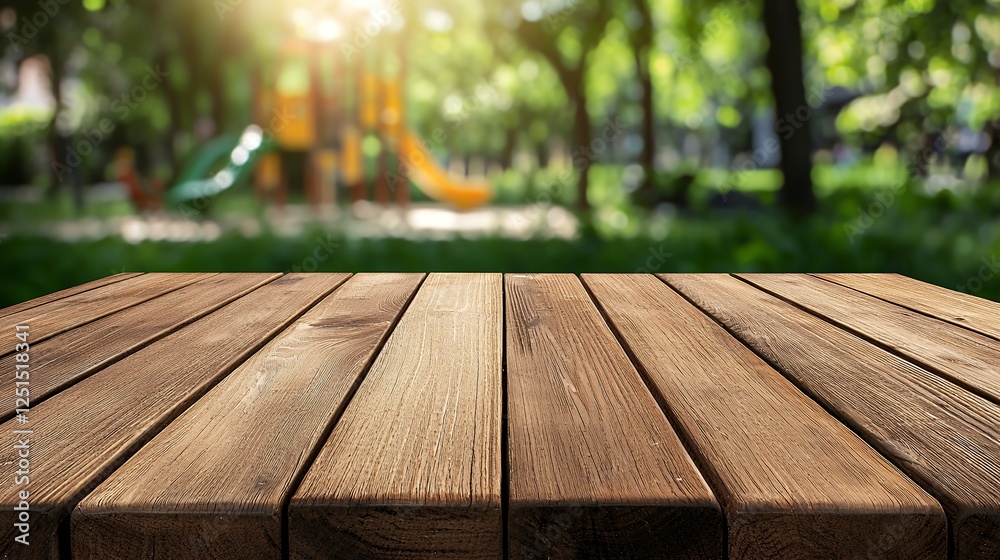 Brown Wooden Tabletop Against Blurred Green Park Playground Background Brown Wooden Tabletop Against Blurred Green Park Playground Background
