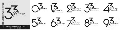 collection anniversary 13 to 93 year, creative number design vector illustration.