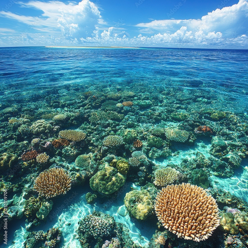Spectacular Coral Reefs Under Clear Blue Sky in Vibrant Ocean Seascape Showcasing Diverse Marine Life and Pristine Water with Clouds on a Sunny Day Spectacular Coral Reefs Under Clear Blue Sky in Vibrant Ocean Seascape Showcasing Diverse Marine Life and Pristine Water with Clouds on a Sunny Day