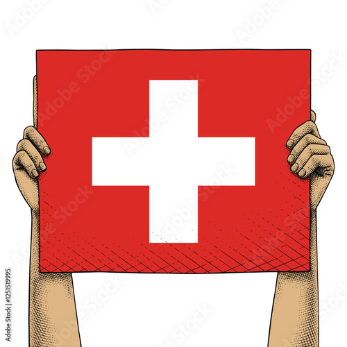 Hand Raises a Sign That Show Switzerland Flag